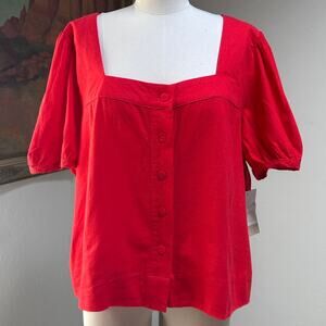 Anthro Anthropologie Linen Square Neck Puff Sleeve Retro Romantic Blouse XL